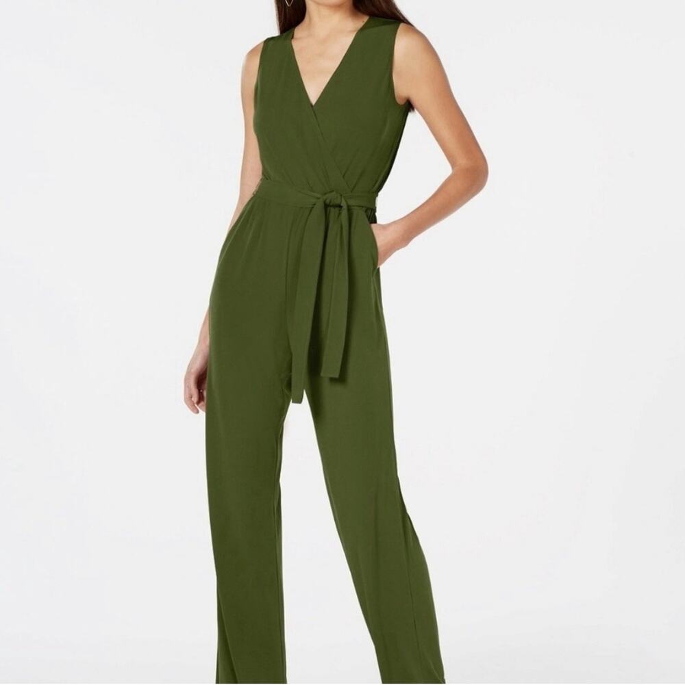 Ny Collection Jumpsuit Women's Medium Petite Belted Wide-Leg Forest Fairy Fall